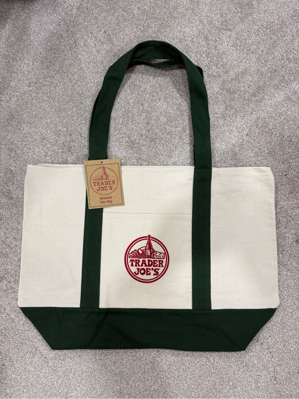 Trader Joe's Cream and Dark Green Canvas Tote Bag